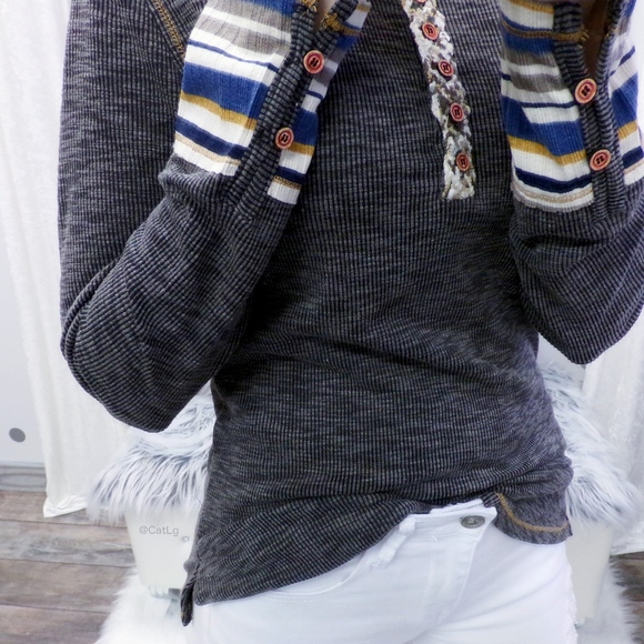 Grey Henley Top Long Sleeve Rib Knit Button Up - Picture 2 of 4